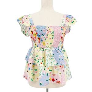 Shein smocked Ruffle Top patchwork floral Peplum Cami women's MEDIUM country